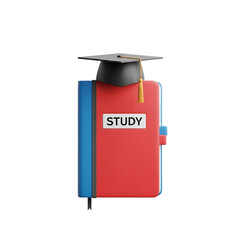 A red study book with a graduation cap on top, representing education and knowledge