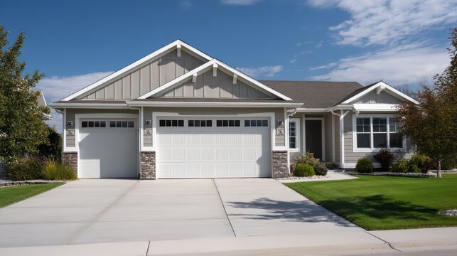 A symmetrical suburban residence with double garage manicured lawns and neutral siding Afternoon sunlight casts crisp shadows across