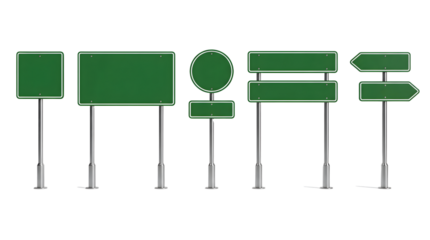 A comprehensive vector collection of realistic green blank highway traffic signs on metal poles isolated on a white background for directional road navigation, transportation branding, and street map 