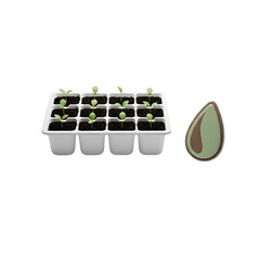 A white seed tray filled with growing seedlings alongside a large stylized seed icon on a black background