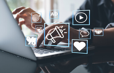 An analyst uses a computer and dashboard for data business analysis and Data Management System with KPI and metrics connected to the database for technology finance, operations, sales, marketing.