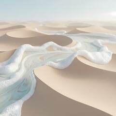 A surreal landscape featuring smooth undulating sand dunes in soft beige tones.