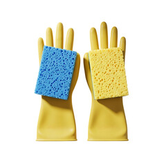 Bright yellow rubber cleaning gloves holding a blue and a yellow sponge against a black background