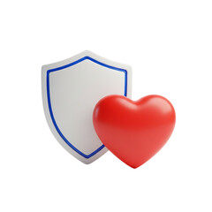 Red heart protected by a shield representing security, health insurance, and care