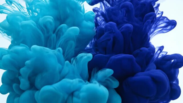 A mesmerizing slow motion shot of bright turquoise and deep sapphire inks spreading organically and mixing in crystal clear fluid sapphire, vibrant, diffusion