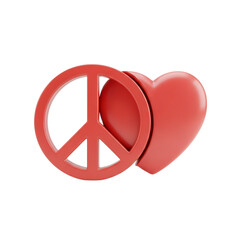 A symbolic representation of peace and love with a red 3d peace sign next to a red heart icon