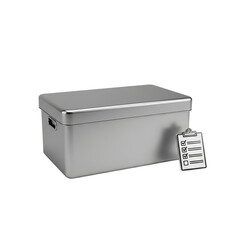 Silver storage box and checklist icon representing inventory management and task completion