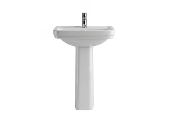 A pedestal sink with a silver faucet on transparent background