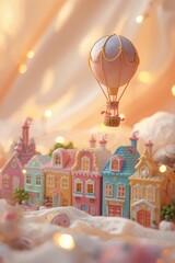 Whimsical hot air balloon over gingerbread village