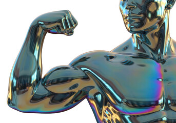 A shiny metallic statue of a muscular man flexing his arm on transparent background