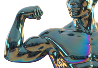 A shiny metallic statue of a muscular man flexing his arm on transparent background