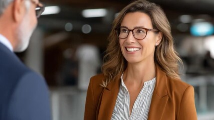 Business Meeting and Relationship: A smiling business professional engages in a productive dialogue with a colleague, her warm gaze and confident demeanor reflect mutual respect and teamwork.