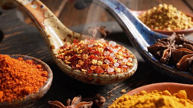 Variety of spices displayed in ceramic spoons on a wooden surface
