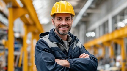 Confident Engineer in Factory: A skilled engineer, wearing a hardhat and protective workwear, exudes confidence as he poses amidst the industrial backdrop of a busy factory.