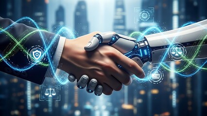 Human and robot shaking hands, symbolizing artificial intelligence and business collaboration in the modern world.