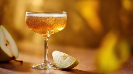Amber cider glowing brightly inside delicate coupe, foam crown crisp and detailed. A pear wedge rests beside, casting minimal