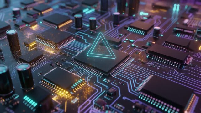 Glowing Neon Triangle Symbol on a Detailed Circuit Board with Purple and Teal Lights technology computer