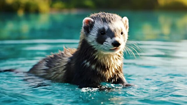 Wild ferret swimming in vibrant blue water, emerging with a focused gaze in natural habitat.
