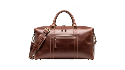 Brown leather duffel bag with shoulder strap isolated on transparent background