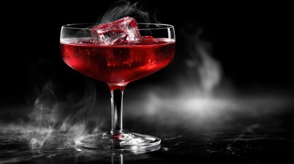 Naklejka premium An artfully chilled coupe glass displaying glowing crimson cocktail with precisely sculpted ice floating centrally. Gentle fog cascades down