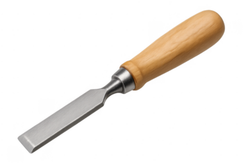 Woodworking chisel with wooden handle on transparent background