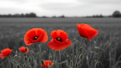 A vibrant remembrance day poppy scene in a serene field landscape viewed from a low angle