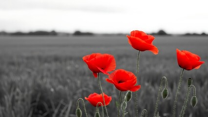 Vibrant red poppies swaying in a serene black and white field panorama under a clear sky