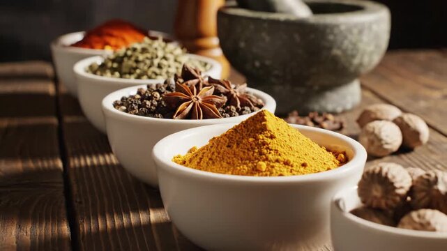 Variety of spices in ceramic bowls on rustic wooden surface