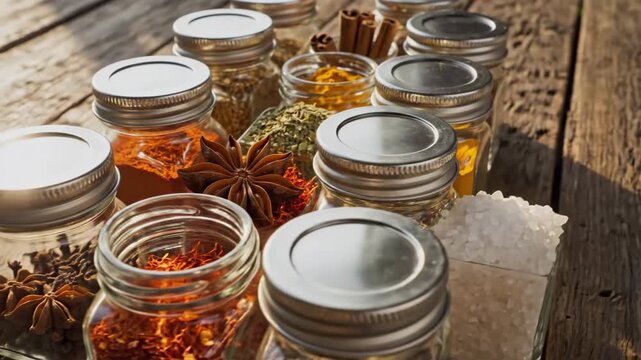 Variety of spices in glass jars on a wooden surface with overhead sunlight