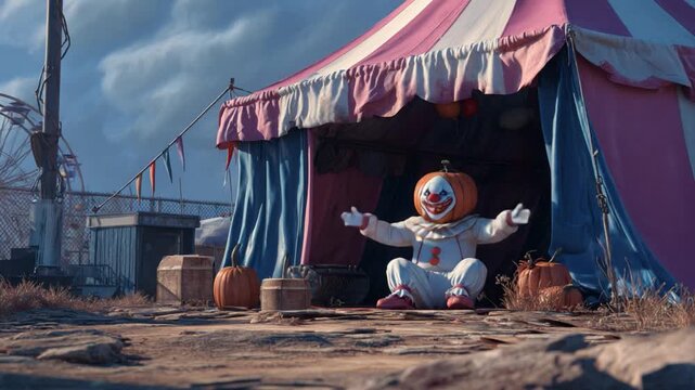 Nightmarish Carnival: A creepy clown character, with a pumpkin for a head and a sinister gaze, emerges from a vintage circus tent, surrounded by spooky props under a dusky sky.