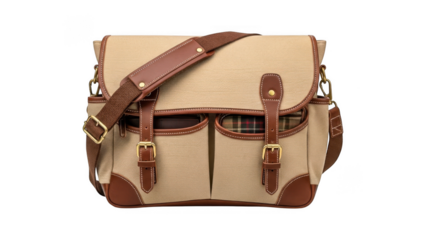 Brown leather and tan woven bag with strap isolated on transparent background