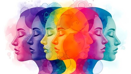 Multiple colorful overlapping female faces in profile, representing diversity, emotion, and spectrum of human experience