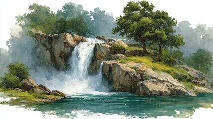 Fototapeta premium Spectacular waterfall clipart for education in watercolor style, depicting powerful cascading water from a high cliff into a misty plunge pool, isolated on white