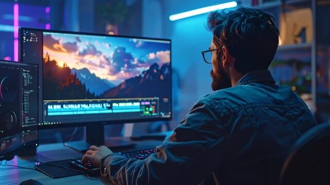 Man Editing Video on Dual Monitors in Studio