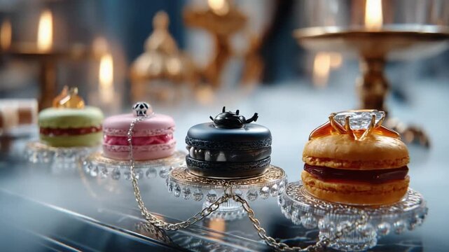 Gourmet Macarons: Indulge in an exquisite array of meticulously crafted macarons, each adorned with elegant details and presented as a delightful dessert.