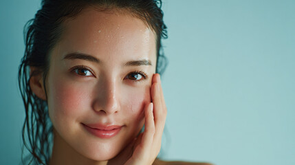 水色の背景とスキンケアする女性（生成AI)