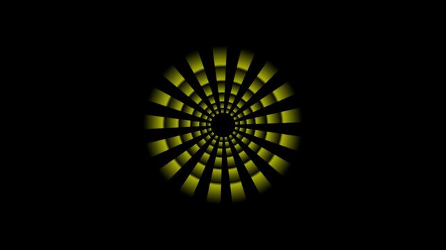 Abstract circular animation with yellow rays expanding and contracting on a black background