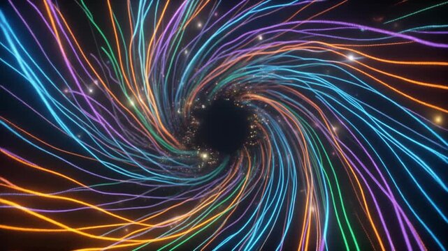 Swirling vortex of colorful light trails and particles in dark space abstract tunnel