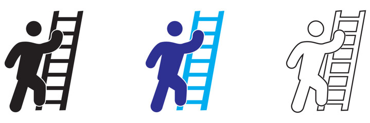 Person Climbing Ladder Icon . Simple vector icons showing a person climbing a ladder in different styles and colors, representing progress, effort, career growth, and achievement concepts.  © KD Vector Studio
