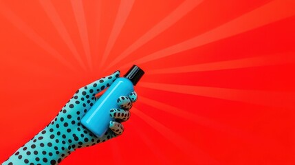 Pop art style mockup of blue cosmetic spray bottle in polka dot glove against red burst background