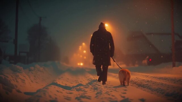 Person Walking Dog on Snowy Street at Night