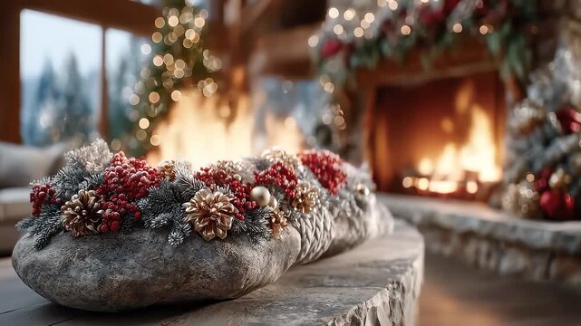 Cozy Christmas Decorations by Fireplace Illuminating Festive Ambiance