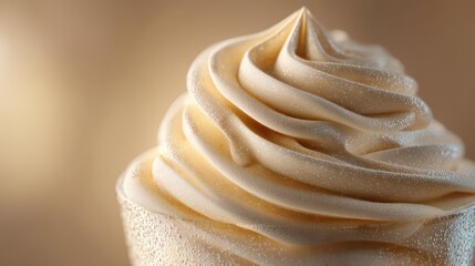 Close-up macro capture of vanilla shake glass, creamy swirl rendered in ultra-detailed clarity. Rim condensation sparkles sharply, surface illuminated