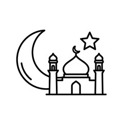 Islamic Mosque Icon with Crescent Moon and Star - Simple Line Art