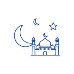 Islamic mosque icon with crescent moon and star, Ramadan symbol, blue outline design
