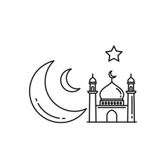 Fototapeta premium Islamic Mosque Icon with Crescent Moon and Star, Ramadan Symbol, Line Art