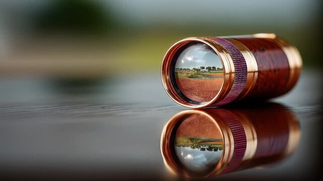 A close-up shot of a decorative wooden scope with gold accents and a reflective surface