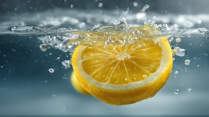 Close-up of a sliced lemon dropping into clear water, generating crisp radial ripples across surface. Surrounding droplets sparkle under