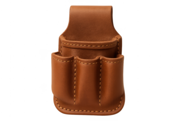 Empty brown leather tool pouch on transparent background
