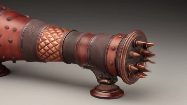 A cylindrical, ornate, metallic object, resembling a futuristic weapon with spikes